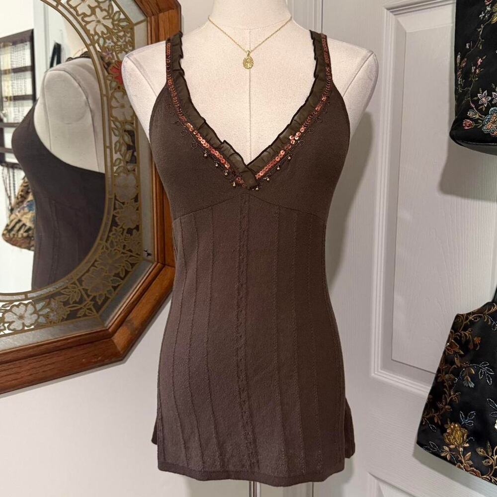 NWT Y2K Kenzie Dark Brown Knit & Copper Sequin Embroidered Ruffle Cami Top